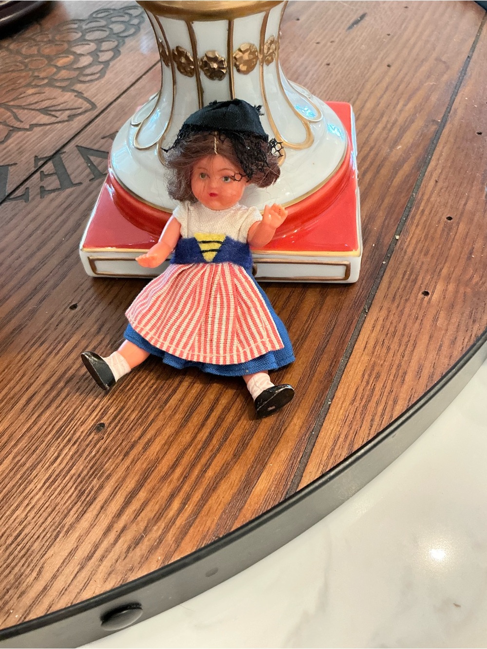 Vintage Small Decorative Doll in Blue, Red, White Dress - Home Accent